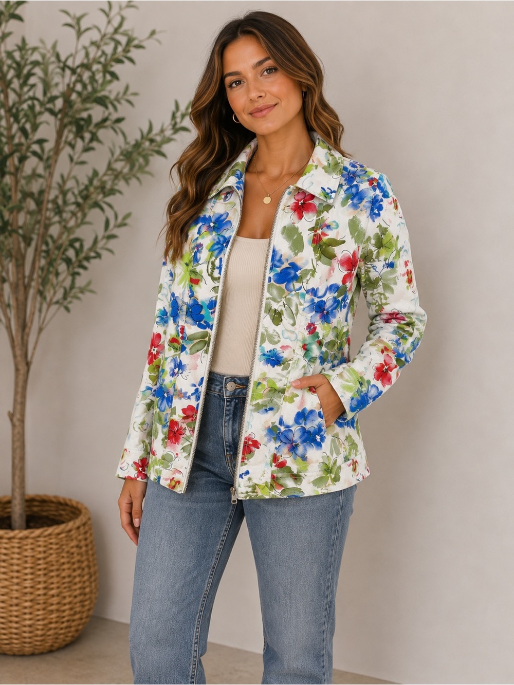 Floral Zip-Front Women's Jacket - White with Blue & Red Flowers